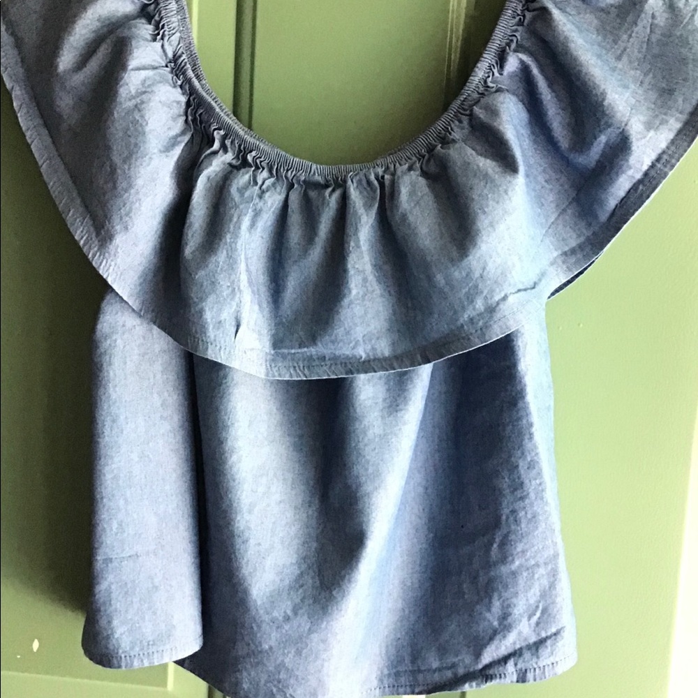Off the shoulder, denim look, top